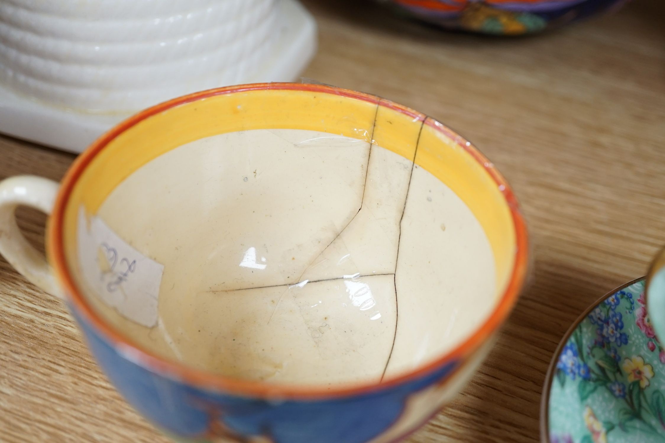 A Clarice Cliff tea cup, a collection of chintz patterned teaware, a lustre bowl and a honey pot and cover